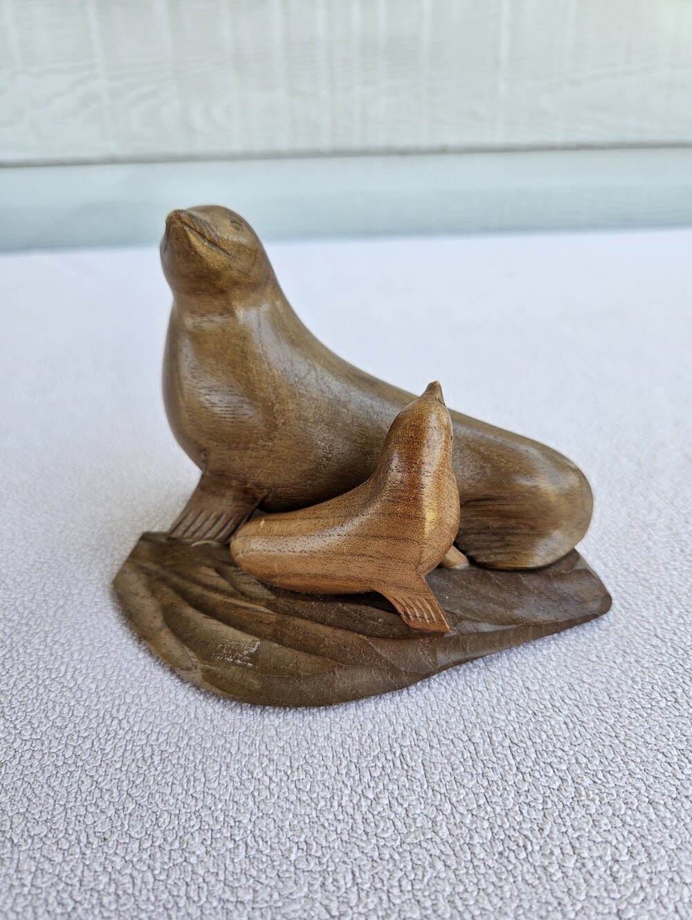 Hand Carved Wood Sea Lion Seal with Baby Figurine Sculpture Wooden 6” Sealife